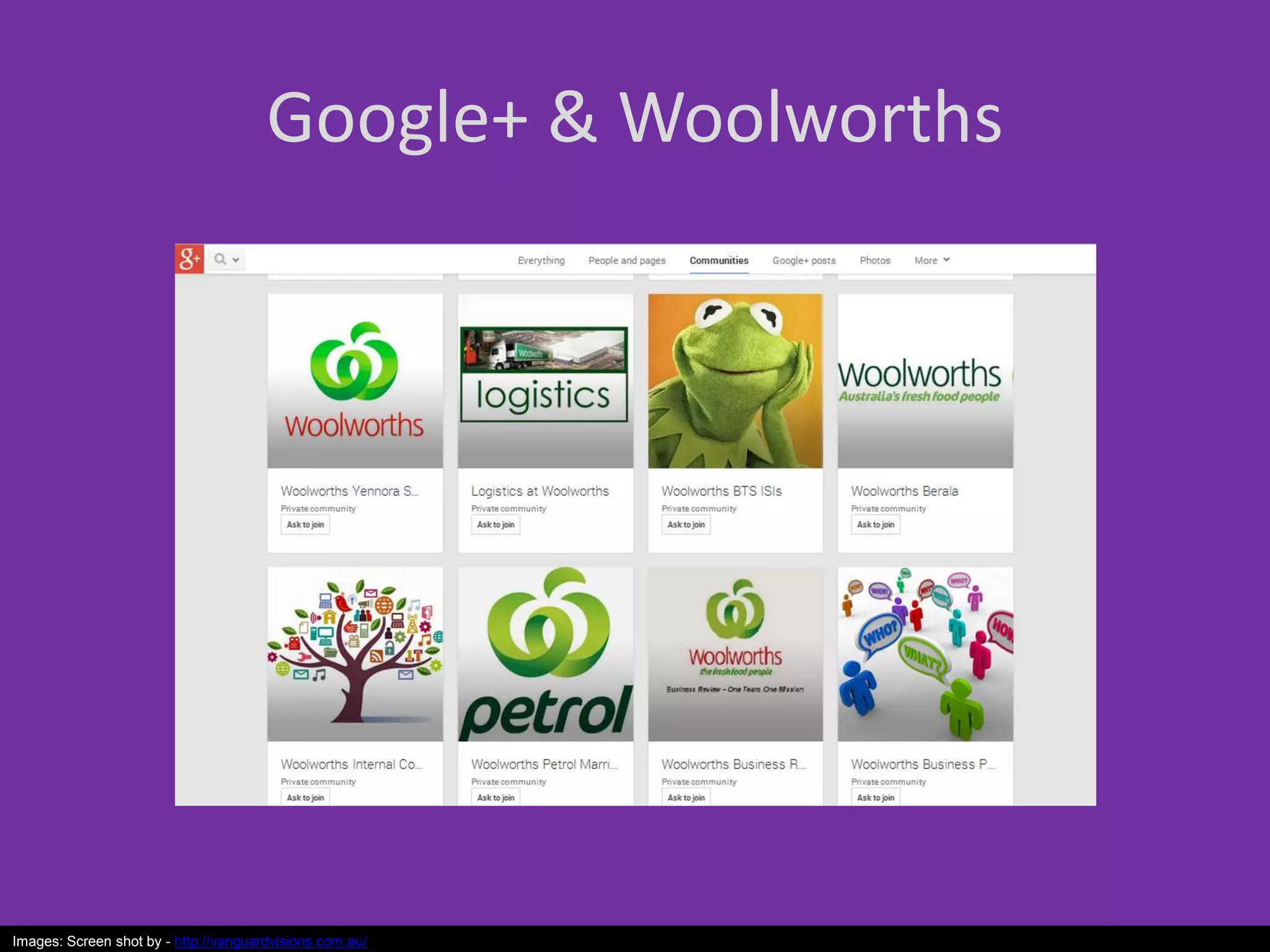 Google+ & Woolworths
Images: Screen shot by - http://vanguardvisions.com.au/
 