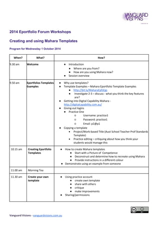 2014 Eportfolio Forum Workshops 
Creating and using Mahara Templates 
Program for Wednesday 1 October 2014 
When? What? How? 
9.30 am Welcome ● Introduction 
Vanguard Visions - vanguardvisions.com.au 
● Where are you from? 
● How are you using Mahara now? 
● Session overview 
9.50 am Eportfolios Templates 
Examples 
● Why use templates? 
● Template Examples – Mahara Eportfolio Template Examples 
● http://bit.ly/MaharaEpfsEgs 
● Investigate 2-3 – discuss - what you think the key features 
are? 
● Getting into Digital Capability Mahara - 
http://digitalcapability.com.au/ 
● Giving-out logins 
● Practice One 
○ Username: practice1 
○ Password: practice1 
○ Email: p1@p1 
● Copying a template 
 Project/Work-based Title (Aust School Teacher Prof Standards 
Template) 
 Practice editing – critiquing about how you think your 
students would manage this 
10.15 am Creating Eportfolio 
Templates 
● How to create Mahara templates 
● Start with a Picture of Competence 
● Deconstruct and determine how to recreate using Mahara 
● Provide instructions in a different colour 
● Demonstrate using an example from someone 
11.00 am Morning Tea 
11.30 am Create your own 
template 
● Using practice account 
● create own template 
● share with others 
● critique 
● make improvements 
● Sharing/permissions 
 