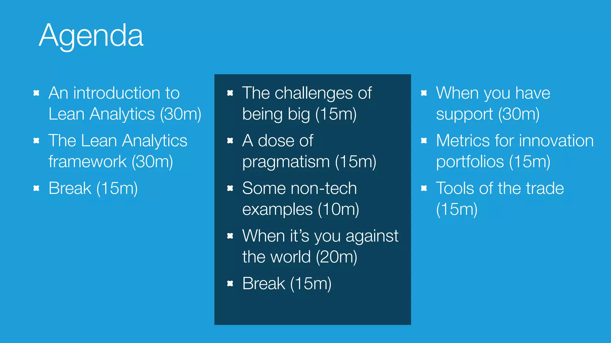 Agenda
An introduction to
Lean Analytics (30m)

The challenges of
being big (15m)

When you have
support (30m)

The Lean Analytics
framework (30m)

A dose of
pragmatism (15m)

Metrics for innovation
portfolios (15m)

Break (15m)

Some non-tech
examples (10m)

Tools of the trade
(15m)

When it’s you against
the world (20m)
Break (15m)

 
