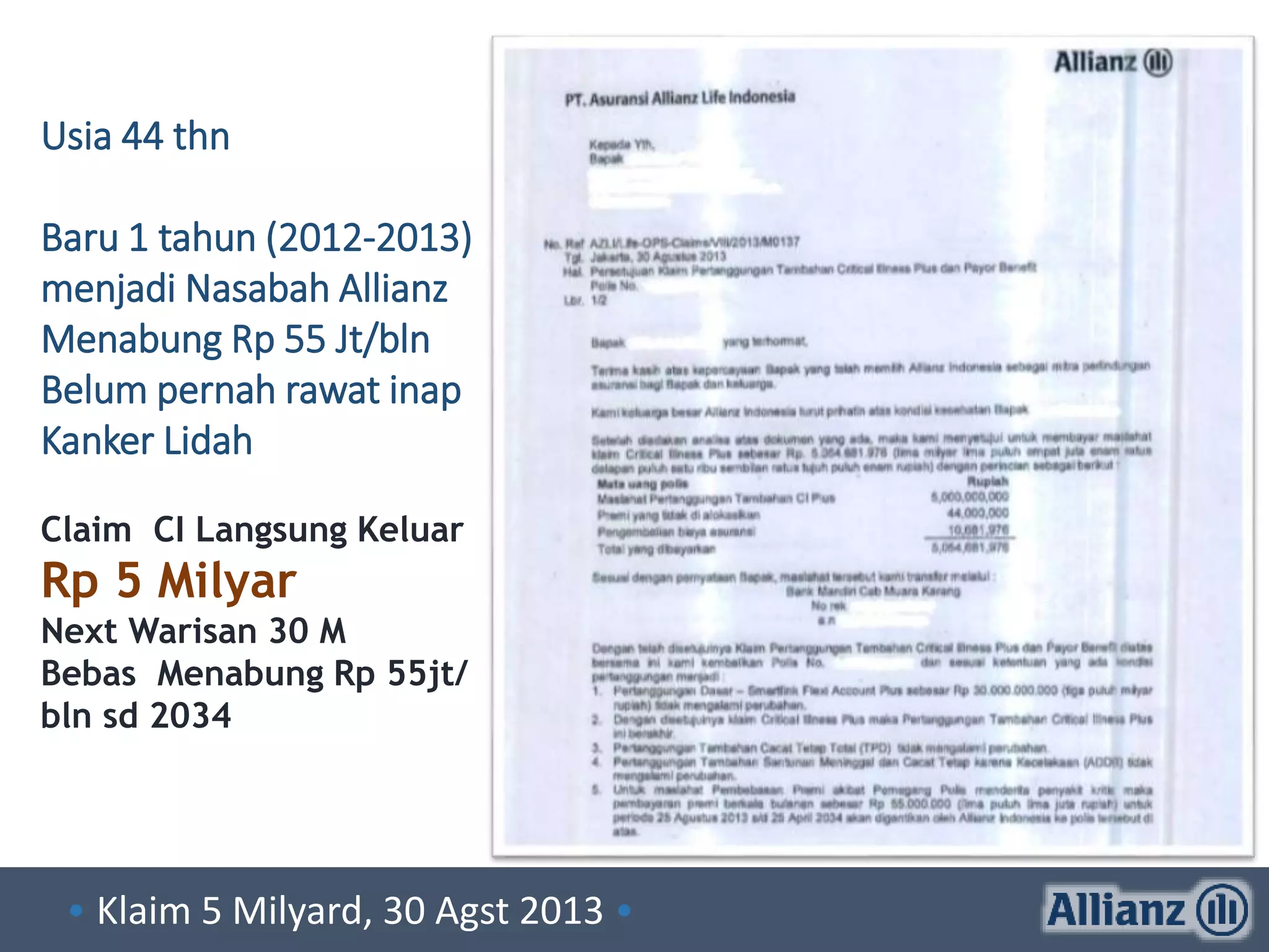 Usia 44 thn
Baru 1 tahun (2012-2013)
menjadi Nasabah Allianz
Menabung Rp 55 Jt/bln
Belum pernah rawat inap
Kanker Lidah
Claim CI Langsung Keluar
Rp 5 Milyar
Next Warisan 30 M
Bebas Menabung Rp 55jt/
bln sd 2034
• Klaim 5 Milyard, 30 Agst 2013 •
 