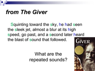 Squinting toward the sky, he had seen
the sleek jet, almost a blur at its high
speed, go past, and a second later heard
the blast of sound that followed.
from The Giver
Squinting toward the sky, he had seen
the sleek jet, almost a blur at its high
speed, go past, and a second later heard
the blast of sound that followed.
What are the
repeated sounds?
 