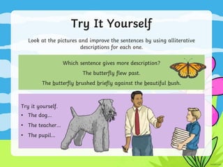 Try It Yourself
Look at the pictures and improve the sentences by using alliterative
descriptions for each one.
Which sentence gives more description?
The butterfly flew past.
The butterfly brushed briefly against the beautiful bush.
Try it yourself.
• The dog...
• The teacher…
• The pupil…
 