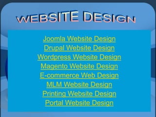 Joomla Website Design
Drupal Website Design
Wordpress Website Design
Magento Website Design
E-commerce Web Design
MLM Website Design
Printing Website Design
Portal Website Design

 