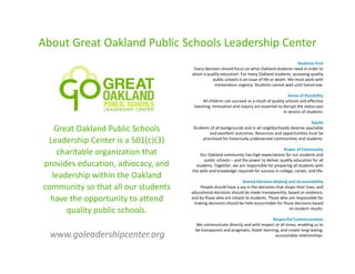 About Great Oakland Public Schools Leadership Center
                                                                                                  Students First
                                      Every decision should focus on what Oakland students need in order to
                                     attain a quality education. For many Oakland students, accessing quality
                                                 public schools is an issue of life or death. We must work with
                                                  tremendous urgency. Students cannot wait until tomorrow.

                                                                                            Sense of Possibility
                                          All children can succeed as a result of quality schools and effective
                                      teaching. Innovation and inquiry are essential to disrupt the status quo
                                                                                         in service of students.

                                                                                                       Equity
   Great Oakland Public Schools       Students of all backgrounds and in all neighborhoods deserve equitable
                                               and excellent outcomes. Resources and opportunities must be
 Leadership Center is a 501(c)(3)          prioritized for historically underserved communities and students.

                                                                                        Power of Community
    charitable organization that         Our Oakland community has high expectations for our students and
                                            public schools – and the power to deliver quality education for all
provides education, advocacy, and      students. Together, we are responsible for preparing all students with
                                     the skills and knowledge required for success in college, career, and life.
  leadership within the Oakland
                                                                Shared Decision-Making and Accountability
community so that all our students       People should have a say in the decisions that shape their lives, and
                                     educational decisions should be made transparently, based on evidence,
  have the opportunity to attend     and by those who are closest to students. Those who are responsible for
                                      making decisions should be held accountable for those decisions based
      quality public schools.                                                             on student results.

                                                                                 Respectful Communication
                                       We communicate directly and with respect at all times, enabling us to
                                       be transparent and pragmatic, foster learning, and create long-lasting,
  www.goleadershipcenter.org                                                       accountable relationships.
 