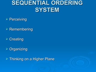 SEQUENTIAL ORDERING SYSTEM Perceiving Remembering Creating Organizing Thinking on a Higher Plane 