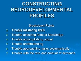 CONSTRUCTING NEURODEVELOPMENTAL PROFILES Breakdown Points Trouble mastering skills Trouble acquiring facts or knowledge Trouble accomplishing output Trouble understanding Trouble approaching tasks systematically Trouble with the rate and amount of demands 