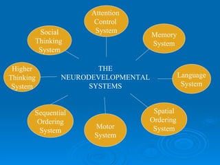 THE NEURODEVELOPMENTAL SYSTEMS Attention  Control  System Social Thinking  System Higher Thinking System Memory System Language System Sequential Ordering System Motor System Spatial Ordering  System 