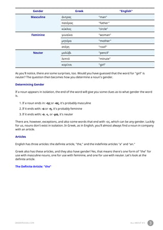 GREEKPOD101.COM ALL ABOUT #3 3
Gender Greek "English"
Masculine άντρας "man"
πατέρας "father"
κύκλος "circle"
Feminine γυναίκα "woman"
μητέρα "mother"
στέγη "roof"
Neuter μολύβι "pencil"
λεπτό "minute"
κορίτσι "girl"
As you'll notice, there are some surprises, too. Would you have guessed that the word for "girl" is
neuter? The question then becomes how you determine a noun's gender.
Determining Gender
If a noun appears in isolation, the end of the word will give you some clues as to what gender the word
is.
1. If a noun ends in: -ης or -ας, it's probably masculine
2. If it ends with: -α or -η, it's probably feminine
3. If it ends with: -ο, -ι, or -μα, it's neuter
There are, however, exceptions, and also some words that end with -ος, which can be any gender. Luckily
for us, nouns don't exist in isolation. In Greek, as in English, you'll almost always find a noun in company
with an article.
Articles
English has three articles: the definite article, "the," and the indefinite articles "a" and "an."
Greek also has these articles, and they also have gender! Yes, that means there's one form of "the" for
use with masculine nouns, one for use with feminine, and one for use with neuter. Let's look at the
definite article.
The Definite Article: "the"
 
