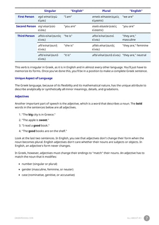 GREEKPOD101.COM ALL ABOUT #3 7
Singular "English" Plural "English"
First Person egó eimai (εγώ
είμαι)
"I am" emeís eímaste (εμείς
είμαστε)
"we are"
Second Person esý eisai (εσύ
είσαι)
"you are" eseís eísaste (εσείς
είσαστε)
"you are"
Third Person aftós eínai (αυτός
είναι)
"he is" aftoí eínai (αυτοί
είναι)
"they are,"
masculine
aftí einai (αυτή
είναι)
"she is" aftés eínai (αυτές
είναι)
"they are," feminine
aftó einai (αυτό
είναι)
"it is" aftá eínai (αυτά είναι) "they are," neutral
This verb is irregular in Greek, as it is in English and in almost every other language. You'll just have to
memorize its forms. Once you've done this, you'll be in a position to make a complete Greek sentence.
Unique Aspect of Language
The Greek language, because of its flexibility and its mathematical nature, has the unique attribute to
describe analytically or synthetically all minor meanings, details, and gradations.
Adjectives
Another important part of speech is the adjective, which is a word that describes a noun. The bold
words in the sentences below are all adjectives.
1. "The big city is in Greece."
2. "The apple is sweet."
3. "I read a good book."
4. "The good books are on the shelf."
Look at the last two sentences. In English, you see that adjectives don't change their form when the
noun becomes plural. English adjectives don't care whether their nouns are subjects or objects. In
English, an adjective's form never changes.
In Greek, however, adjectives must change their endings to "match" their nouns. An adjective has to
match the noun that it modifies:
number (singular or plural)
gender (masculine, feminine, or neuter)
case (nominative, genitive, or accusative)
 