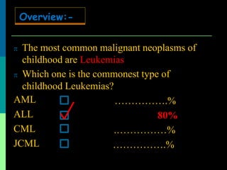  The most common malignant neoplasms of
childhood are Leukemias
 Which one is the commonest type of
childhood Leukemias?
AML
ALL
CML
JCML
…………….%
80%
.……………%
…………….%
Overview:-
 