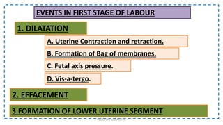 A. Uterine Contraction and retraction.
B. Formation of Bag of membranes.
C. Fetal axis pressure.
D. Vis-a-tergo.
1. DILATATION
2. EFFACEMENT
3.FORMATION OF LOWER UTERINE SEGMENT
EVENTS IN FIRST STAGE OF LABOUR
NILOFAR LOLADIYA
 