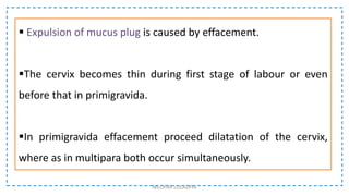  Expulsion of mucus plug is caused by effacement.
The cervix becomes thin during first stage of labour or even
before that in primigravida.
In primigravida effacement proceed dilatation of the cervix,
where as in multipara both occur simultaneously.
NILOFAR LOLADIYA
 