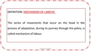 DEFINITION: MECHANISM OF LABOUR
The series of movements that occur on the head in the
process of adaptation, during its journey through the pelvis, is
called mechanism of labour.
NILOFAR LOLADIYA
 