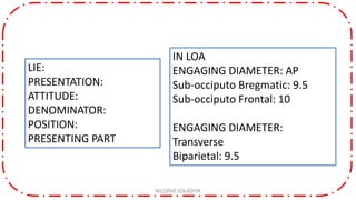 LIE:
PRESENTATION:
ATTITUDE:
DENOMINATOR:
POSITION:
PRESENTING PART
IN LOA
ENGAGING DIAMETER: AP
Sub-occiputo Bregmatic: 9.5
Sub-occiputo Frontal: 10
ENGAGING DIAMETER:
Transverse
Biparietal: 9.5
NILOFAR LOLADIYA
 