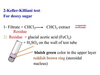 2-Keller-Killiani test:
For deoxy sugar
1- Filtrate + CHCl3 CHCl3 extract
Residue
2) Residue + glacial acetic acid (FeCl3)
+ H2SO4 on the wall of test tube
bluish green color in the upper layer
reddish brown ring (steroidal
nucleus)
evaporate
 