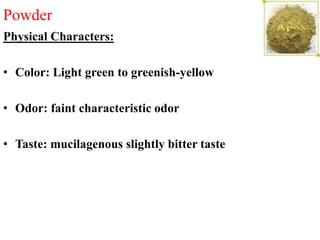 Powder
Physical Characters:
• Color: Light green to greenish-yellow
• Odor: faint characteristic odor
• Taste: mucilagenous slightly bitter taste
 