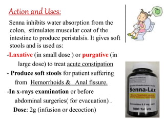 Action and Uses:
Senna inhibits water absorption from the
colon, stimulates muscular coat of the
intestine to produce peristalsis. It gives soft
stools and is used as:
-Laxative (in small dose ) or purgative (in
large dose) to treat acute constipation
- Produce soft stools for patient suffering
from Hemorrhoids & Anal fissure.
-In x-rays examination or before
abdominal surgeries( for evacuation) .
Dose: 2g (infusion or decoction)
 