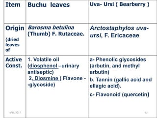 4/25/2017 92
Uva- Ursi ( Bearberry )Buchu leavesItem
Arctostaphylos uva-
ursi, F. Ericaceae
Barosma betulina
(Thumb) F. Rutaceae.
Origin
(dried
leaves
of
a- Phenolic glycosides
(arbutin, and methyl
arbutin)
b. Tannin (gallic acid and
ellagic acid).
c- Flavonoid (quercetin)
1. Volatile oil
(diosphenol –urinary
antiseptic)
2. Diosmine ( Flavone -
-glycoside)
Active
Const.
 