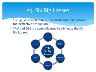  Six Big Losses refers to the six most common reasons
for ineffective production.
 TPM and OEE are generally used to eliminate the Six
Big Losses
25. Six Big Losses
 