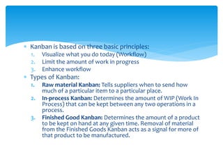  Kanban is based on three basic principles:
1. Visualize what you do today (Workflow)
2. Limit the amount of work in progress
3. Enhance workflow
 Types of Kanban:
1. Raw material Kanban: Tells suppliers when to send how
much of a particular item to a particular place.
2. In-process Kanban: Determines the amount of WIP (Work In
Process) that can be kept between any two operations in a
process.
3. Finished Good Kanban: Determines the amount of a product
to be kept on hand at any given time. Removal of material
from the Finished Goods Kanban acts as a signal for more of
that product to be manufactured.
 