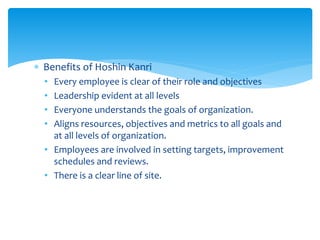  Benefits of Hoshin Kanri
• Every employee is clear of their role and objectives
• Leadership evident at all levels
• Everyone understands the goals of organization.
• Aligns resources, objectives and metrics to all goals and
at all levels of organization.
• Employees are involved in setting targets, improvement
schedules and reviews.
• There is a clear line of site.
 