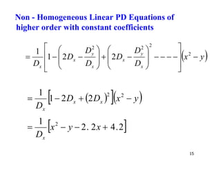 15
 
y
x
D
D
D
D
D
D
D x
y
x
x
y
x
x

































 2
2
2
2
2
2
1
1
 
  
y
x
D
D
D
x
x
x



 2
2
2
2
1
1
 
2
.
4
2
.
2
1 2



 x
y
x
Dx
Non - Homogeneous Linear PD Equations of
higher order with constant coefficients
 