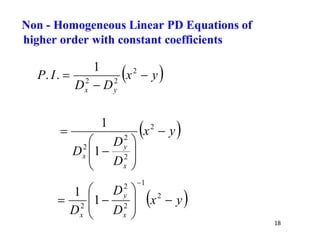 18
 
y
x
D
D
I
P
y
x


 2
2
2
1
.
.
 
y
x
D
D
D
x
y
x










 2
2
2
2
1
1
 
y
x
D
D
D x
y
x












2
1
2
2
2
1
1
Non - Homogeneous Linear PD Equations of
higher order with constant coefficients
 
