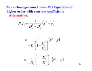 21
Alternative:
 
y
x
D
D
I
P
y
x


 2
2
2
1
.
.
 
y
x
D
D
D
y
x
y











 2
2
2
2
1
1
 
y
x
D
D
D y
x
y













2
1
2
2
2
1
1
Non - Homogeneous Linear PD Equations of
higher order with constant coefficients
 