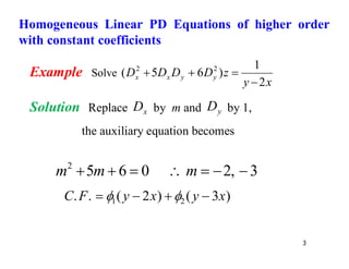 3
Example Solve
x
y
z
D
D
D
D y
y
x
x
2
1
)
6
5
( 2
2




Solution Replace x
D by m and y
D by 1,
the auxiliary equation becomes
3
,
2
0
6
5
2






 m
m
m
)
3
(
)
2
(
.
. 2
1 x
y
x
y
F
C 


 

Homogeneous Linear PD Equations of higher order
with constant coefficients
 