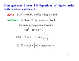 13
Solve  
y
x
z
D
D
D
D y
y
x
x 2
log
)
4
4
( 2
2




Solution Replace x
D by m and y
D by 1,
the auxiliary equation becomes
0
1
4
4 2


 m
m
 
2
1
,
2
1
0
1
2
2



 m
m
C. F. = )
2
1
(
)
2
1
( 2
1 x
y
x
x
y 

 

Homogeneous Linear PD Equations of higher order
with constant coefficients
 
