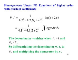 14
 
y
x
D
D
D
D
I
P
y
y
x
x
2
log
4
4
1
.
. 2
2




dv
v
d
v



 log
2
2
.
1
.
4
1
.
4
1
2
2
The denominator vanishes when 1

x
D and
2

y
D .
So differentiating the denominator w. r. to
x
D and multiplying the numerator by x .
Homogeneous Linear PD Equations of higher order
with constant coefficients
 