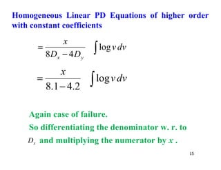 15
dv
v
D
D
x
y
x


 log
4
8
dv
v
x


 log
2
.
4
1
.
8
Again case of failure.
So differentiating the denominator w. r. to
x
D and multiplying the numerator by x .
Homogeneous Linear PD Equations of higher order
with constant coefficients
 