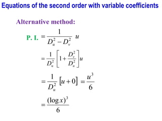 Equations of the second order with variable coefficients
Alternative method:
P. I. u
D
D v
u
2
2
1
−
=
u
D
D
D u
v
u






+
= 2
2
2
1
1
 
0
1
2
+
= u
Du 6
3
u
=
6
)
(log 3
x
=
 