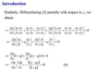 Introduction
Similarly, Differentiating (3) partially with respect to y, we
obtain
0
=












+




+






+












+




+






=
y
z
z
v
y
y
y
v
y
x
x
v
v
y
z
z
u
y
y
y
u
y
x
x
u
u


0
=










+




+










+




=
z
v
q
y
v
v
z
u
q
y
u
u


( ) ( ) 0
2
2
1 =
−


+
+


= z
q
y
v
q
u


( )
( )
0
1
2
=
+
−
−
=




=
q
qz
y
v
u


(5)
 