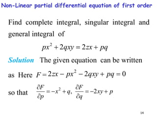 14
Find complete integral, singular integral and
general integral of
pq
zx
qxy
px 

 2
2
2
Solution The given equation can be written
as Here F = 0
2
2 2



 pq
qxy
px
zx
so that p
xy
q
F
q
x
p
F










2
,
2
Non-Linear partial differential equation of first order
 
