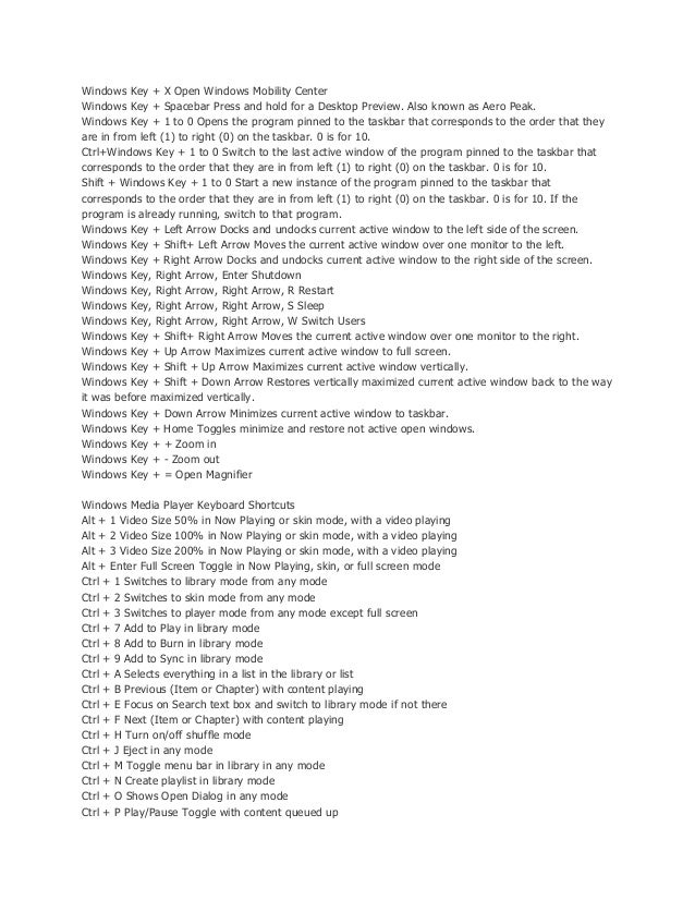 Windows 7 Keyboard Shortcut List