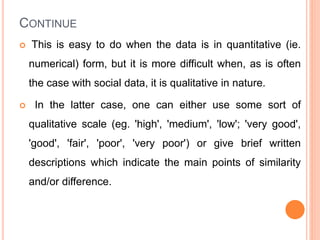CONTINUE
 This is easy to do when the data is in quantitative (ie.
numerical) form, but it is more difficult when, as is often
the case with social data, it is qualitative in nature.
 In the latter case, one can either use some sort of
qualitative scale (eg. 'high', 'medium', 'low'; 'very good',
'good', 'fair', 'poor', 'very poor') or give brief written
descriptions which indicate the main points of similarity
and/or difference.
 
