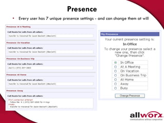 Presence Every user has 7 unique presence settings - and can change them at will 