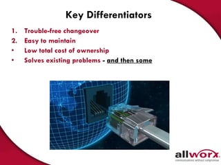 Key Differentiators Trouble-free changeover  Easy to maintain Low total cost of ownership Solves existing problems  -  and then some 