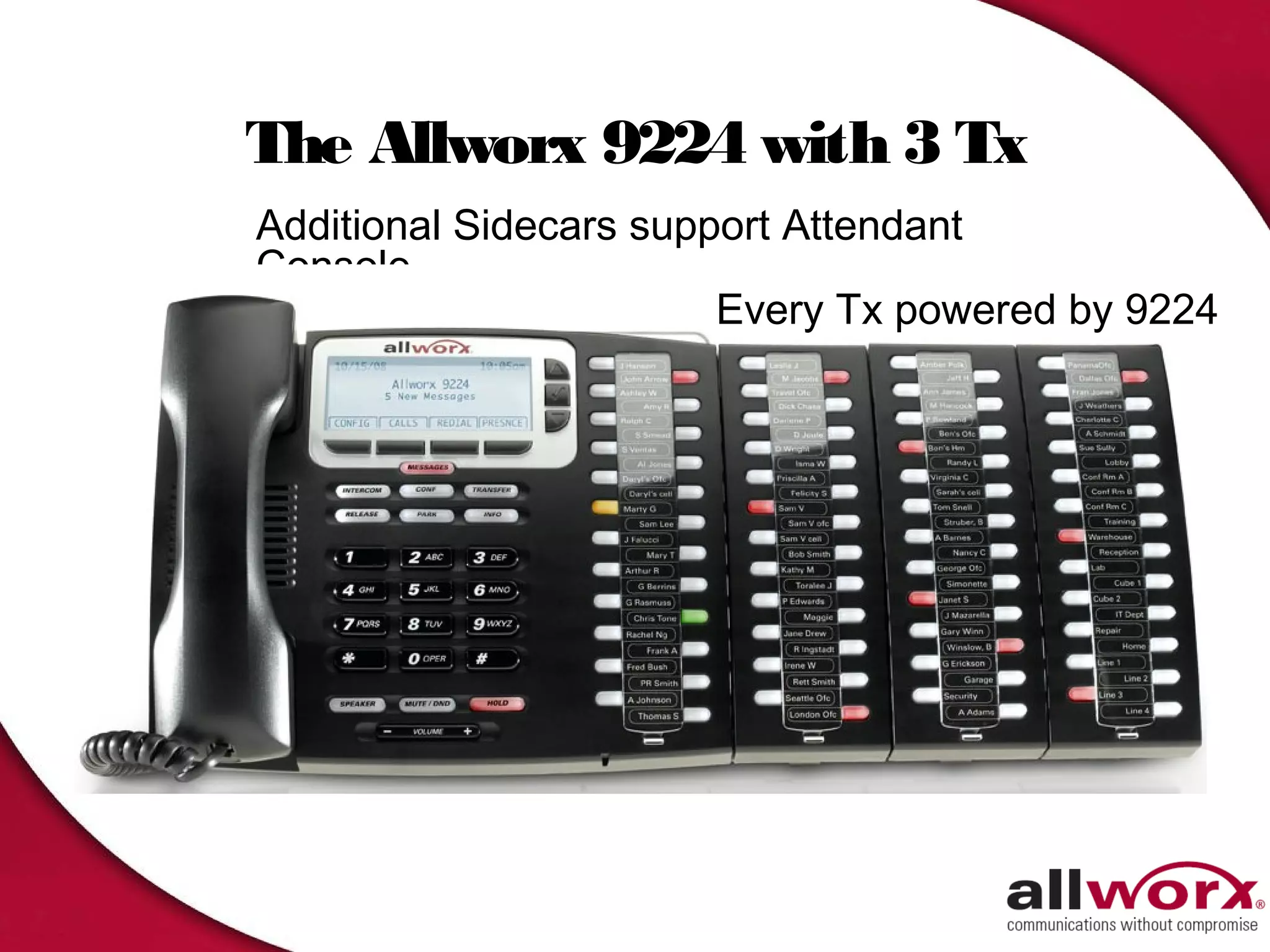 The Allworx 9224 with 3 Tx
Additional Sidecars support Attendant
Console
                        Every Tx powered by 9224
 