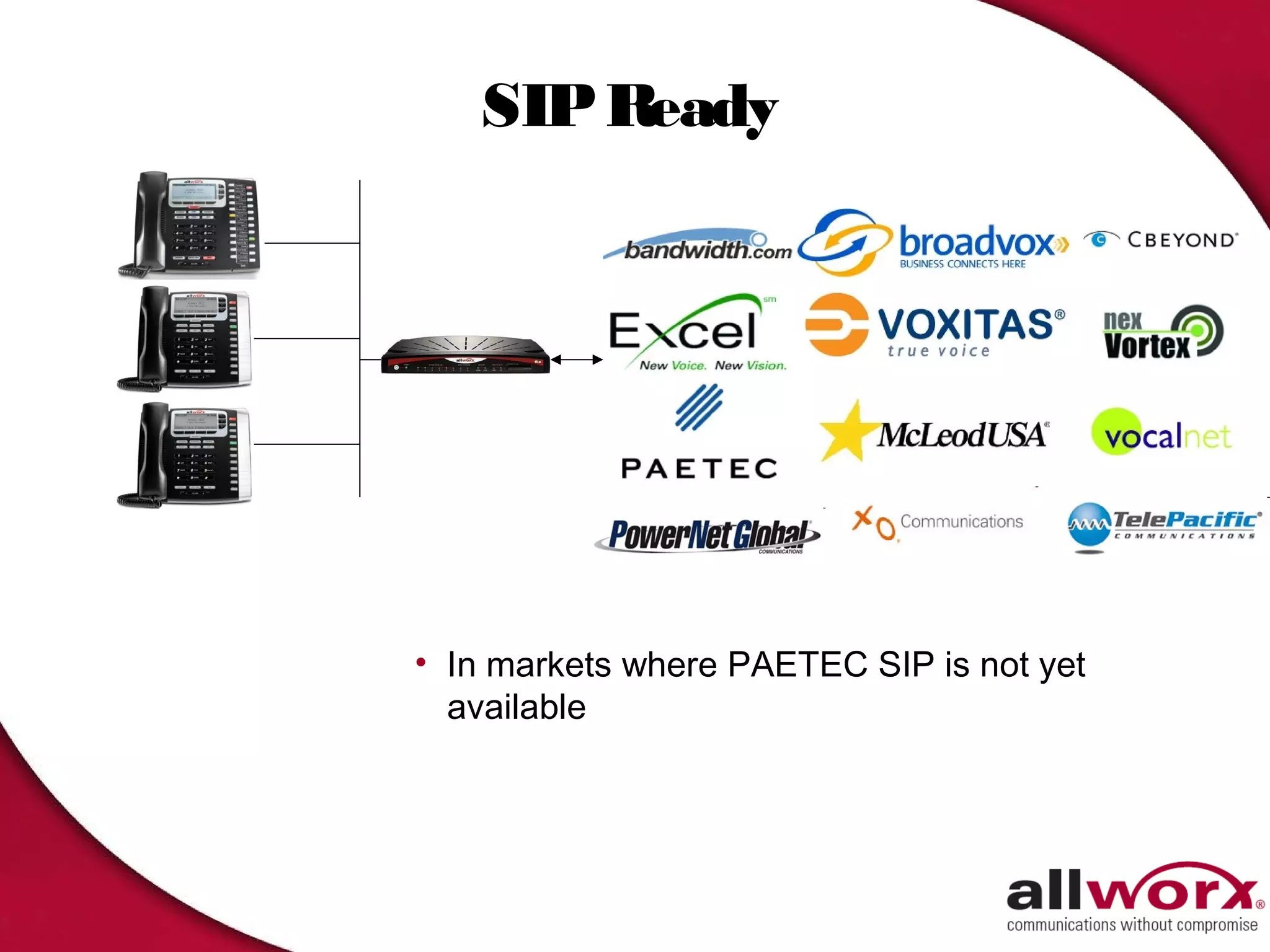 SIP Ready



               (local/
                     911)




• In markets where PAETEC SIP is not yet
  available
 
