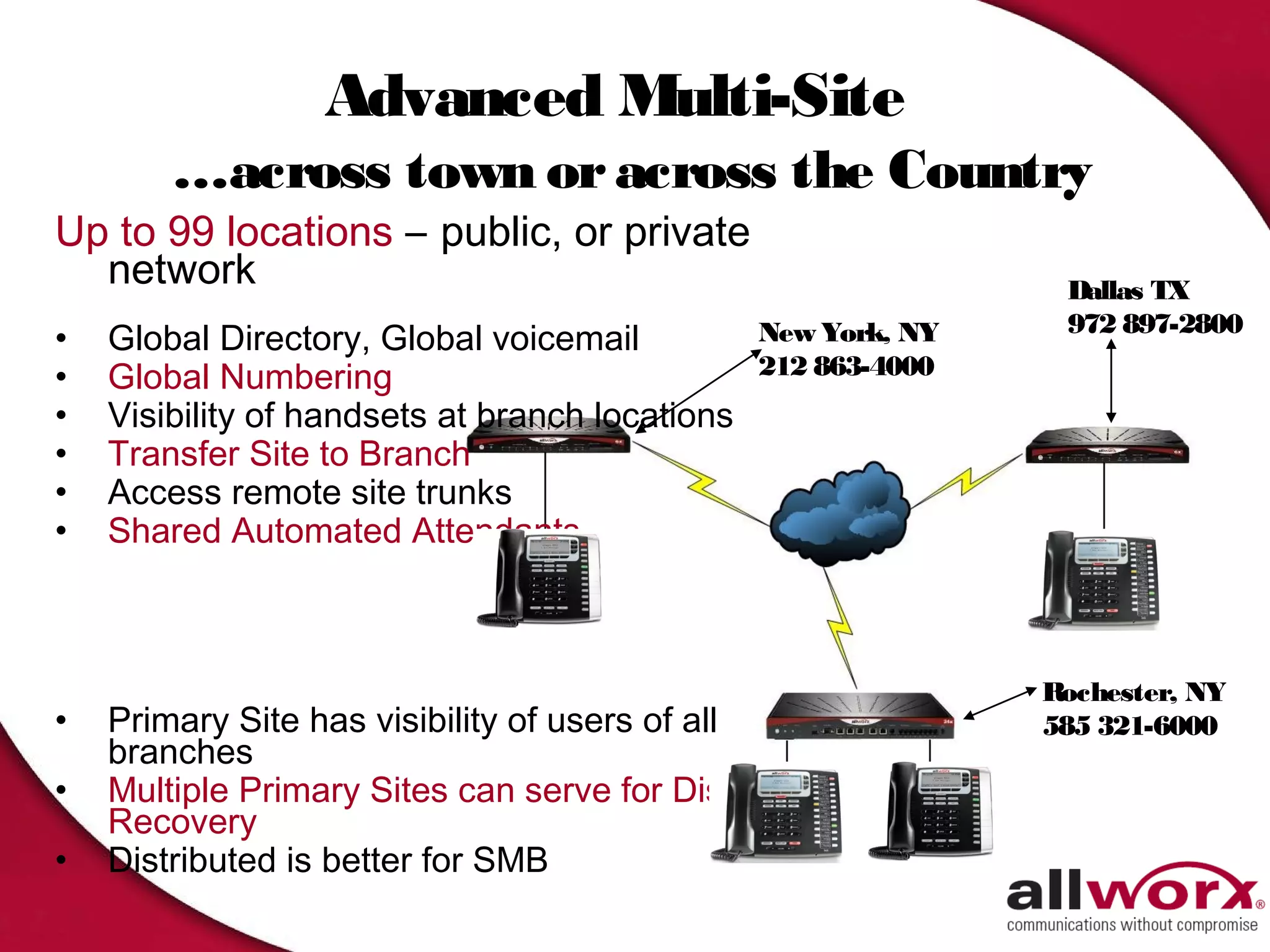Advanced Multi-Site
        …across town or across the Country
Up to 99 locations – public, or private
  network                                                      Dallas TX
                                                               972 897-2800
•   Global Directory, Global voicemail         New York, NY
•   Global Numbering                           212 863-4000
•   Visibility of handsets at branch locations
•   Transfer Site to Branch
•   Access remote site trunks
•   Shared Automated Attendants



                                                              Rochester, NY
•   Primary Site has visibility of users of all               585 321-6000
    branches
•   Multiple Primary Sites can serve for Disaster
    Recovery
•   Distributed is better for SMB
 