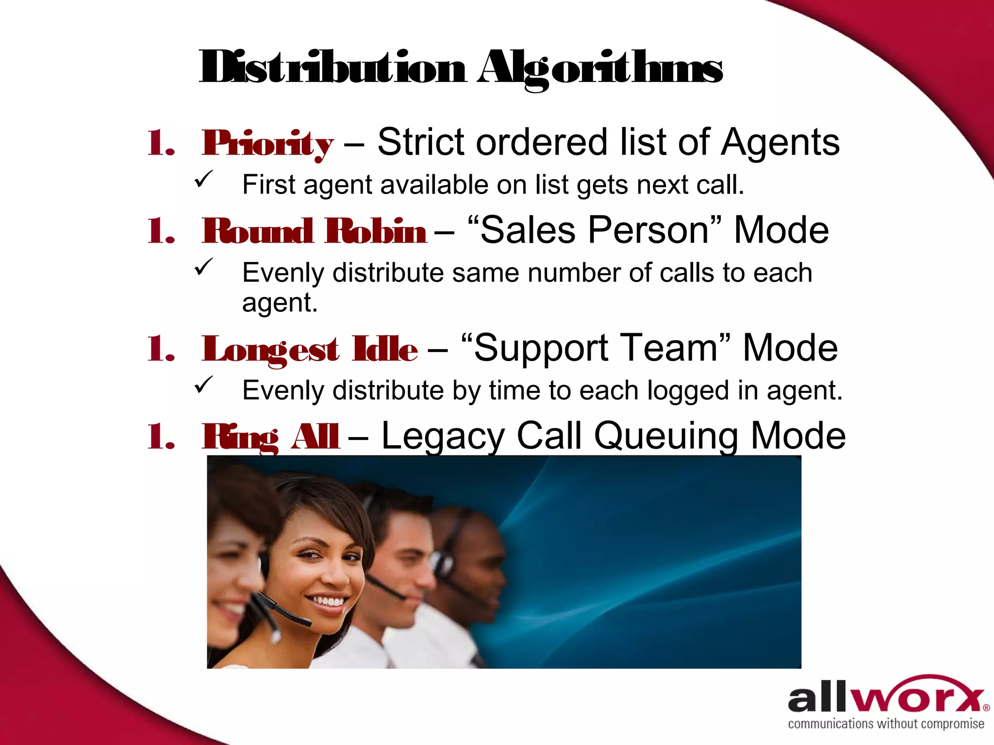Distribution Algorithms
1. Priority – Strict ordered list of Agents
    First agent available on list gets next call.
1. Round Robin – “Sales Person” Mode
    Evenly distribute same number of calls to each
     agent.
1. Longest Idle – “Support Team” Mode
    Evenly distribute by time to each logged in agent.
1. Ring All – Legacy Call Queuing Mode
 
