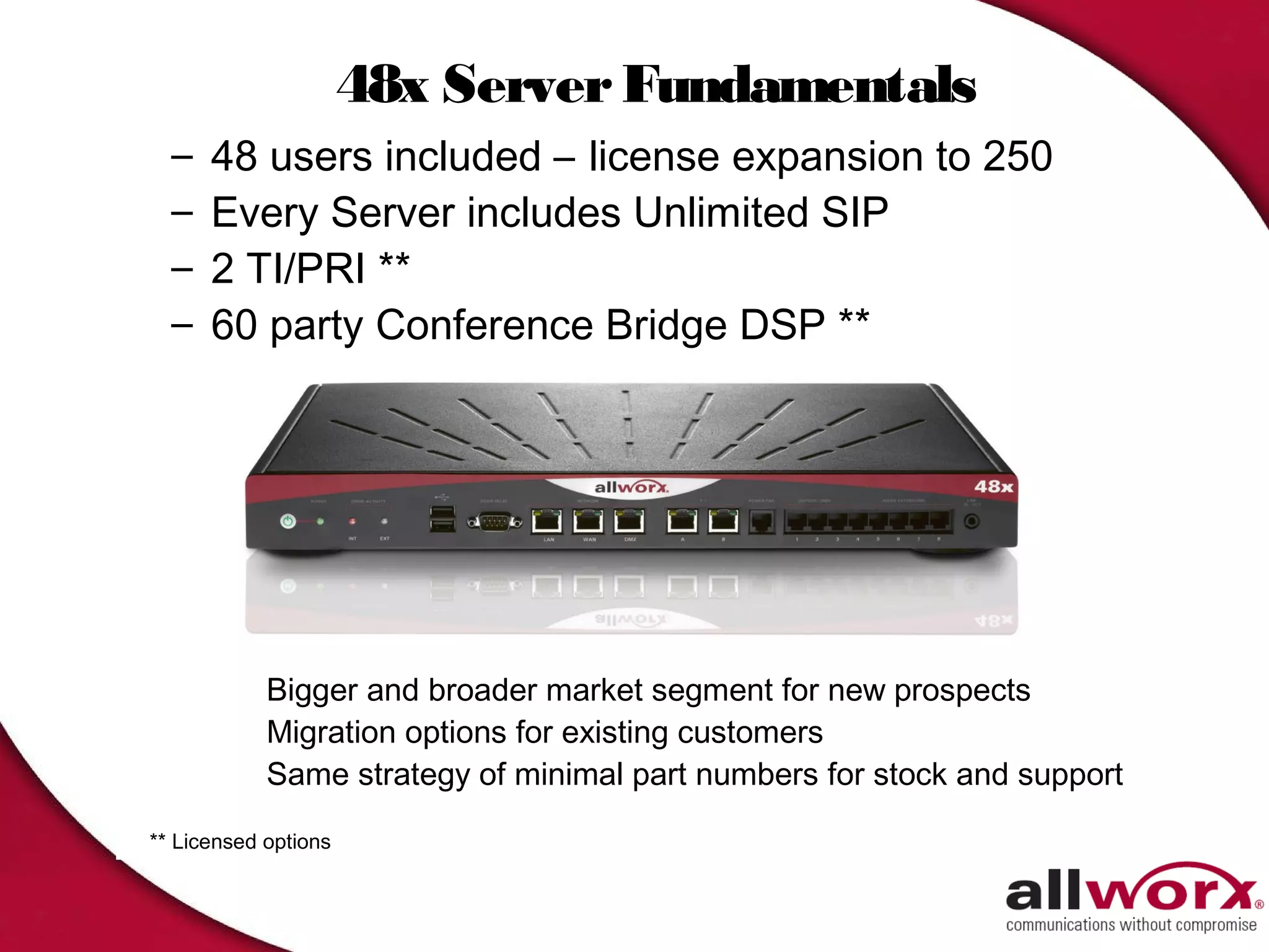 48x Server Fundamentals
  –   48 users included – license expansion to 250
  –   Every Server includes Unlimited SIP
  –   2 TI/PRI **
  –   60 party Conference Bridge DSP **




            Bigger and broader market segment for new prospects
            Migration options for existing customers
            Same strategy of minimal part numbers for stock and support

** Licensed options
 