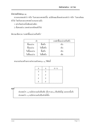 Mathematics : AJ Noi
Logic Page | 4
ค่าความจริงของ p  q
ความหมายของคาว่า “หรือ” ในทางตรรกศาสตร์นั้น จะมีลักษณะที่แตกต่างจากคาว่า “หรือ” ในทางสังคม
ทั่วไป โดยในทางตรรกศาสตร์ จะหมายรวมถึง
1. อย่างใดอย่างหนึ่งเพียงอย่างเดียว
2. ทั้งสองอย่าง (แตกต่างจากสังคมทั่วไป)
พิจารณาข้อความ “นายดาซื้อมะม่วงหรือฝรั่ง”
ดา นายดาซื้อมะม่วงหรือฝรั่ง
ซื้อมะม่วง
ซื้อมะม่วง
ไม่ซื้อมะม่วง
ไม่ซื้อมะม่วง
ซื้อฝรั่ง
ไม่ซื้อฝรั่ง
ซื้อฝรั่ง
ไม่ซื้อฝรั่ง
จริง
จริง
จริง
เท็จ
สามารถนามาสร้างตารางค่าความจริงของ p  q ได้ดังนี้
p q p  q
T
T
F
F
T
F
T
F
สรุป
ประพจน์ P  q จะมีค่าความจริงเป็นเท็จ เมื่อ P และ q เป็นเท็จทั้งคู่ นอกจากนี้แล้ว
ประพจน์ P  q จะมีค่าความจริงเป็นจริงทั้งสิ้น
 