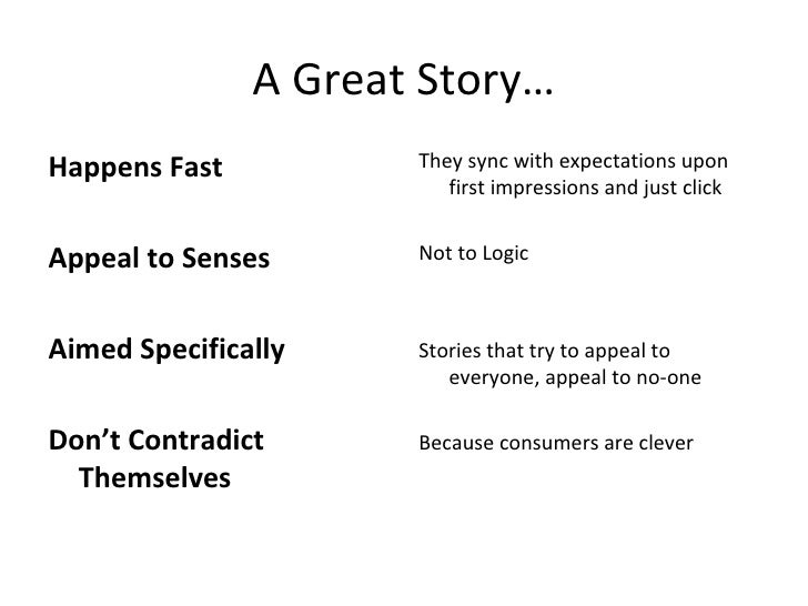 A Great Story… <ul><li>Happens Fast </li></ul><ul><li>Appeal to Senses </li></ul><ul><li>Aimed Specifically </li></ul><ul>...