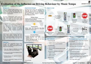 Evaluation of the Influence on Driving Behaviour by Music Tempo
Data Collection
• Free driving task
1. Average, maximum, minimum driving speeds
2. Average, maximum lateral deviations
• Overtaking task
1. Maximum speeds
2. Minimum headway distances before and after
overtaking
• Approaching signlised junction task
1. Decision making
2. Violation frequency
3. Passing speeds
• Stopping task
1. Reaction time
Objectives
The study will be approached through driving
simulator. Four questions are aiming to be
answered in this research about lisening slow/fast
tempo music during driving:
1. How much degree of influences on driving
performance under free driving condition?
2. Does the music induce more dangerous driving
in overtaking process?
3. Will the drivers be more aggressive towards a
signalised junction?
4. Is there any deterioration in reaction time for an
emergency stop?
Background
Dibben and Williamson (2007) conducts a survey
and finds that 75% young drivers listen music
during driving. However, the young drivers, who
preferred no music driving environment, are less
involved in road accidents.
The study in Brodsky(2001) selects some fast
tempo music to test the driving performance.
Higher driving speed, and more frequent traffic
violations are shown. Fast-paced music is proved
to deteriorate the driving behaviour.
In most of the previous studies ,drivers are tested
by driving in a city through driving simulator, but
not in some specific critical conditions. In current
study, some specific scenarios will be set up in
order to thoroughly investigate the driving
influence on these conditions, for example,
overtaking, dilemma in signalised junction, and
emergency stop.
Waterhouse et al., (2010) mentions that apart from
tempo, lyrics, melody, loudness and other
particular circumstance can also affect the musical
taste. To reduce the variables, same set of music
tracks, which differed in tempo, are used in this
study.
Tasks in a testExperimental Designs
20 driving licence owners, who age from 20-30
years old, will be invited to parcitipate the
experiment, because they are the most frequent
group of listening music, as well as the highest
risk group of getting involved in accidents.
Experimental flow is below:
Briefing (15mins)
• Introduce about the experiment, including all the
tasks they will meet in the test.
• Explain the manipulation of driving simulator.
• Provide free driving section for familiarisation.
Testing (55mins)
• Without music, fast tempo and slow tempo
scenario tests will be finished by participants
respectively in random order.
Surveying (10mins)
• Complete a self-reflection questionnaire
• Personal information: age, gender, driving
experience, etc.
• Personal perception in slow and fast tempo
music for each individual task
• Any mistake has taken in the test.
Driving Simulator
Overtaking
Approaching
signalised
junction
Stop
immediately
and restart
Overtaking
Start to play
slow/fast tempo
music
Approaching
signalised junction
Stop immediately
and finish
Free Driving
for 10 minutes
at 60mph
Free Driving
for 10 minutes
at 60 mph
2 mins 2 mins
2 mins2 mins
Data Analysis and Expected Results
Three sets of dependent variable data comparisons
will be analysed:
• Without music VS Slow tempo music
• Without music VS Fast tempo music
• Slow tempo music VS Fast tempo music
The results from the fast tempo music are expected
to show:
• higher free driving speeds,
• dangerous overtaking behaviour, with higher
speeds and shorter headway distances
• tending to pass the signalised junction with higher
speed rather than decide to stop in dilemma
situation,
• and a longer reaction time.
Li Shaotang, Alvis Email: ml13l6s@leeds.au.uk Msc (Eng) Transport Planning and Engineering Supervisor: Dr. Daryl Hibberd
 