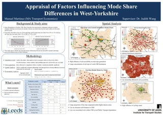 Appraisal of Factors Influencing Mode Share
Differences in West-Yorkshire
Manuel Martinez (MA Transport Economics) Supervisor: Dr. Judith Wang
Background & Study aims
 Since deregulation in October 1986, West-Yorkshire has experienced a substantial reduction of public
transport ridership over the last few decades whereas car modal share has been quite stable over the same
period of time.
 Especially noticeable is the case of bus patronage which modal share has fallen from 45% to 13% whereas
rail share has risen lately from 1.5% in 2001 to 3.2% in 2011
(Leeds City Council, 2011) (Leeds City Council, 2011)
 This study aims to identify the principal factors influencing both private and public transport patronage
across the different areas of West-Yorkshire
Spatial Analysis
Methodology
 Literature review. Analyse the nature, data employed and econometric analysis of previous studies.
Decide from those, which variables and modelling approach can best fit in our case study
 Data acquisition. Data collection & compilation of those variables considered potentially significant.
 Spatial Analysis. Observe graphically potential relationships and principal factors driving differences in travel
ddddddddddddddddd behaviours for each mode
 Econometric Analysis.
What’s next?
Model estimation
 Confirm expected influences
 Find out potential reassons
otherwise
(+) Factor affecting patronage
positively
(-) Factor affecting patronage
negatively
 High influence of rail accesibility on train trips generation
 Large concentration of rail trips to Leeds CBD destination
 Identify Rail-Road competition
 Large proportion of bus trips originated within highly density areas.
 Car use increases with distance to CBD
 Low car ownership levels within CBD reveal Public Transport dependence
 High influence of cycling routes
Leeds
Bradford
Carderdale
Kirklees
Wakefield
Leeds
Bradford
Kirklees
Explanatory variables
EXPECTED INFLUENCE
BUS RAIL CAR CYCLE
1 Distance to the nearest CBD + + - - - + + +
2 Distance to Leeds centre + + +
3 Population density + + - - - -
4 Total commuters + + + +
5 Bus Service + + + - - - - -
6 Car ownership - - - + +
7 Train station accesibility - + + + - -
8 Income - + + +
9 Cycling routes - + + +
10 Student share + + +
11 Parking bike facilities +
12 Average slope +
 Car ownership affected by rail accesibility
Leeds
Leeds
 