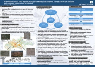 9. POTENTIAL IMPLICATIONS
Bringing residents closer to destinations and 
providing  basic access to services and viable 
alternatives to driving might encourage less driving, 
however affordability needs to be considered
1. INTRODUCTION
Cities in developing countries are experiencing massive and rapid urbanisation
• In Kenya 60% of the urban population live in the capital city, Nairobi (JICA 
2013)
• City characterised by extreme congestion, poor public transport and car 
dependency
• Current advocacy for compact, high density mixed use development with 
good transit service to accommodate growth and influence travel behaviour
2. OBJECTIVES
• Is the built environment capable of influencing peoples travel patterns in 
unregulated environments or do peoples travel preferences dictate their 
neighbourhood choice?
• Inform policy development
3. HISTORY AND URBAN FORM
• Urban planning follows colonial segregationist policies
• Nairobi East was restricted to African residents, while the Western regions, for 
European settlers
• The current data on settlement patterns, distribution of social services and 
facilities suggests that inequalities between West and East may be reflective of 
the disproportionality of resources caused during this earlier period
6. METHODOLOGY4. LITERATURE REVIEW
Travel behavior is complex
THE URBAN FORM AND ITS INFLUENCE ON TRAVEL BEHAVIOUR: A CASE STUDY OF NAIROBI
Maina Gachoya Msc Transport Planning and Engineering
Ann Jopson (Supervisor)
TRAVEL 
PATTERN
BUILT 
ENVIRONMENT
ATTITUDES
BELIEFS
SOCIO
ECONOMICS
Results
Oral Presentation Written dissertation
Analysis
Data Cleansing Multivariate Analysis 
Data Collection
Questionnaire Interviews
Transport surveys 
and spatial studies 
Literature Review
• Multivariate analysis commonly used to test the relationship 
between these three key areas and determine their influence on 
travel patterns
• Stead (2001) found that socio‐economic factors explained more 
than 50% of the variation in the amount of travel however did 
not account for attitudes 
• Kitamura et.al. (1997) attempted to capture behavioural aspects 
through a travel diary and found attitudinal variables  could 
explain the highest proportion of variation in the data
• Handy et.al. (2005) captured attitudes on both urban form and 
travel characteristics determined that differences in travel 
behaviour between suburban and traditional neighbourhoods 
are largely explained by these and a causal relationship exists 
Research Gaps:
• Most studies not transferable: fail to consider how unstructured 
urban form influences travel behaviour in their transport studies 
(Vasconcellos, 1997)
• Studies are UK/US based which are different in terms of political, 
cultural and historical contexts4. Kibera 780 person/acre2. Kilimani 12 
person/acre
5. Buruburu 150 person/acre
General Change in Typology
1. Karen 2 
persons/acre
3. Eastleigh 200 
person/acre
7. DATA COLLECTION
A questionnaire was piloted to capture four key 
criteria : 
1. Travel attitudes : Format based on theory of 
planned behaviour principles 
2. Preferred urban form and  perceptions: Adopted 
from studies by Handy et al(2005)
3. Travel Pattern: travel  time and distance
4. Socio‐ economic characteristics
5. RESEARCH QUESTIONS
a. Is there a relationship between the built environment, 
attitudes and socioeconomics?
b. To what extent do these factors individually or in combination 
influence travel patterns?
8. PRELIMINARY RESULTS
a. 12 responses received from a pilot of 20 
questionnaires.
b. Survey conducted during a period of traffic 
management implementation might have bias
c. Car use predominant mainly due to convenience, 
time efficiency and affordability
d. Rent, availability of water and proximity to work 
ranked highly in influencing residential conditions
e. Some responses indicate preference to living far 
from the “chaos” of CBD
 