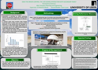 DOES THE DRIVER CONTROL THE CAR DURING INTERACTION WITH SECONDARY TASKS?
Konstantina Solomou
MSc Transport Planning and Engineering
Supervisor: Dr.Natasha Merat Second Reader: Tyron Louw
Stage 1: Select the appropriate type of secondary tasks (interesting and boring) by
using a questionnaire, which is going to be administered to 24 people.
Equipment: Driving performance is going to be evaluated by using the
University of Leeds Driving Simulator
Stage 2: Main Experiment: 24 car drivers(20-59 years) are going to use driving
simulator, who should meet the following requirements:
 Valid driver’s licence
 >3 years driving experience
 Normal or corrected to normal visual acuity
Different perspective comes from literature:
 Automation is perceived as safety enhancing,
whereas the distraction related risks of using media
are increasingly acknowledged (Strayer & Johnston,
2001).
 A previous study using in-vehicle video footage
found that 22% of crashes were caused by driver
distraction. It also showed that the possibility to
crash is two or three times bigger while drivers use
a secondary task at the wheel (National,Highway
Traffic Safety Administration, 2006).
 Figure 1 shows the number of total drivers who
were involved on fatal accidents and the proportion
of them who were distracted.
 According to Verwey and Zaidel(1999), performing a
secondary task under certain conditions, increased
task engagement and alertness. Furthermore,
Gershon et al.(2009) found that an interactive
cognitive task helped improve driver performance
and mental state.
Background Methodology
 The current study aims to test how the two types of
secondary tasks (boring and exciting games on iPad)
affect driver performance when driver meets unexpected
incident on the road and has to take control of the car.
Objective
Driving Performance Measures
.
Expected Findings
 Based on a previous study, (Merat et al., 2014)
the automation is expected to reduce workload.
However, the change into manual mode while
driver's attention is attracted by the secondary
tasks, will affect negatively the driving safety.
 The worst performance is expected to be
observed when drivers in the automated mode
are going to regain control of driving while
distracted by the exciting secondary task due to
that their attention will be attracted more.
Progress of the experiment
Boring/exciting: secondary tasks (games on IPad)
Critical incident: A car in front brakes unexpectedly
References:
1)Gerson, P., Ronen, A., Oron-Gilad, T., & Shinar, D. (2009). The affects of an interactive cognitive
task (ICT) in suppressing fatigue symptoms in driving. Transportation Research Part F, 12, 21-28.
2) Merat, N., Jamson, H., Lai, F., Daly, M., & Carsten, O. (2014). Transiton to manual: Driver
behaviour when resuming control from highly automated vehicle. Human Factors, 27,274-282.
3)National Highway Traffic Safety Administration. (2006). The Impact of Driver Inattention on
Near Crash/Crash Risk: An Analysis Using the 100-Car Naturalistic Driving Study Data. DOT HS
810 594.
4) Jamson, H., Merat, N., Carsten, O., & Lai, F. (2013).Behavioural changes in drivers
experiencing highly-automated vehicle control in varying traffic conditions. Human Factors, 30
,116-125.
5)Strayer, D/l., & Johnston, W. A. (2001). Dual-task studies of simulated driving and conversing
on cellular elephone. American Psychological Society, 12, 462-466.
6)Verwey, W.B. & Zaidel, D.M.(1999). Preventing drowsiness accidents by an alertness
maintenance device, Accident Analysis and Prevention, 31, 199-211.
Figure 1: Drivers involved in Fatal crashes by age,2011
Figure 4: Behaviour following “Beep” and driving performance
measures
Figure 2: The University of Leeds Driving Simulator (Jamson et al., 2013)
Figure 3: Progress of the experiment
Source: ( National Highway Traffic Safety Administration, 2006).
 